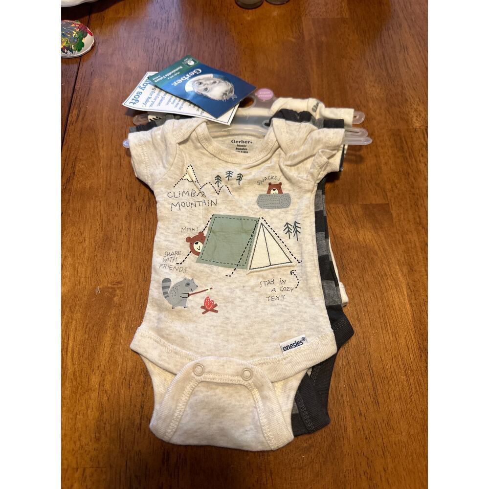 Gerber Preemie Baby Onesies 3-Pack Camping Bear Mountain Organic Cotton Neutral
